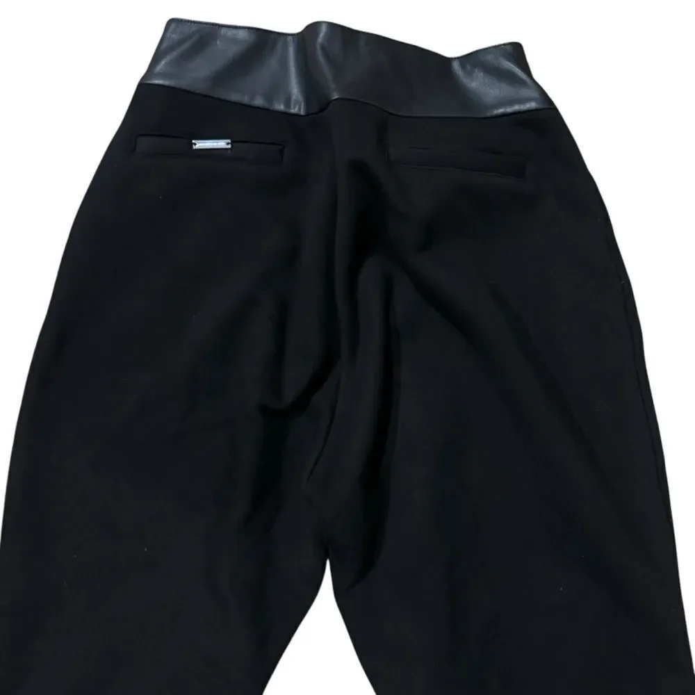 Maniere De Voir Black Jogger Faux Leather Trim Pants with Drawstring Ankle SZ 10